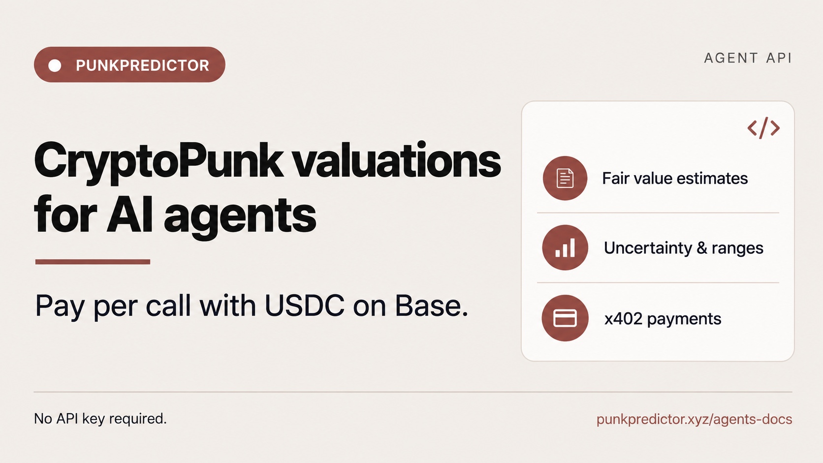 CryptoPunk valuations for AI agents: fair value estimates, uncertainty and ranges, with x402 USDC payments on Base.