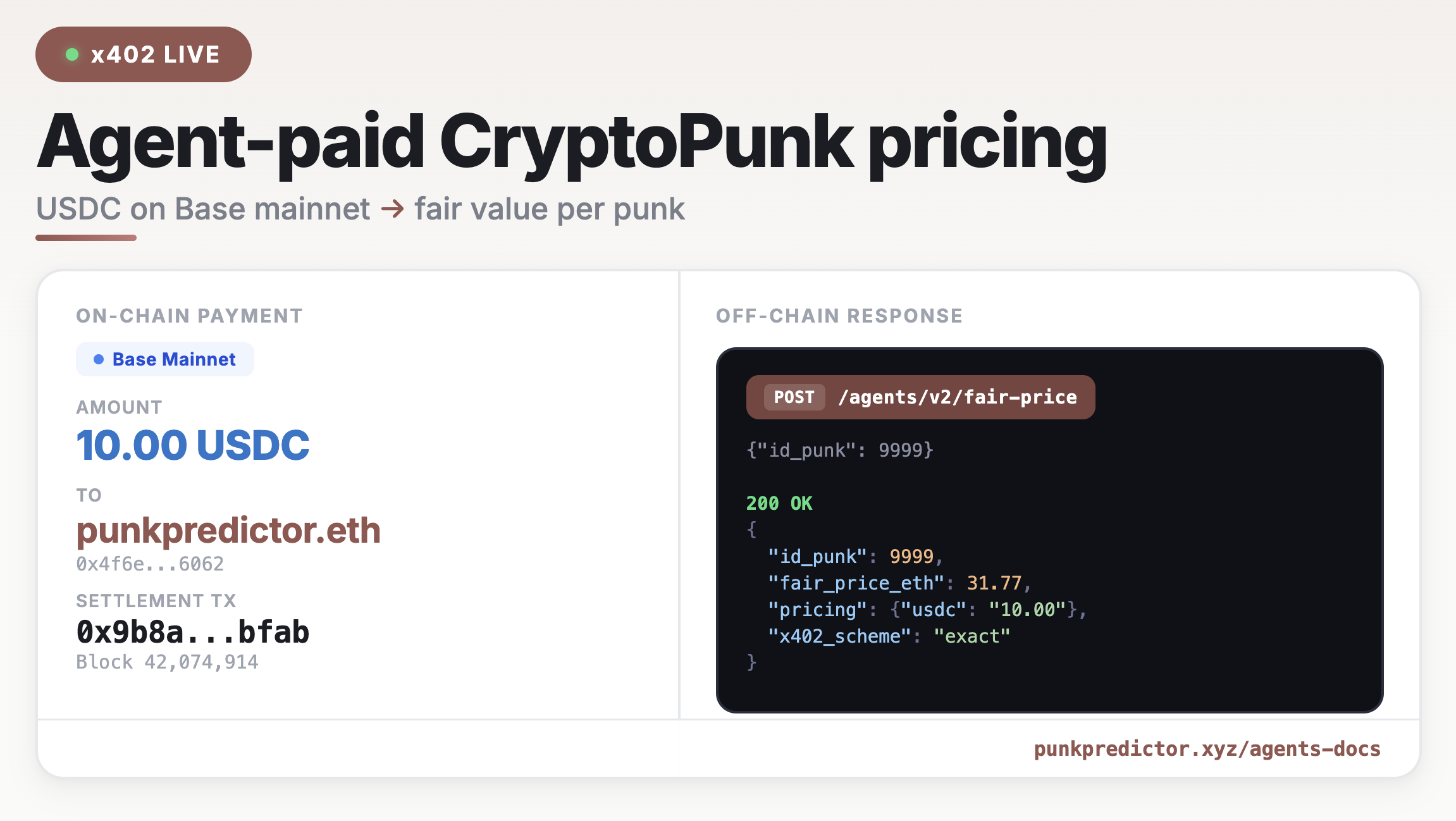 First x402 agent payment — 5 USDC on Base for CryptoPunk fair-price valuation